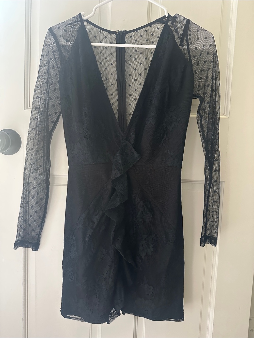 Lovers + Friends Black Lace Ruffle-Front Long-Sleeve Dress